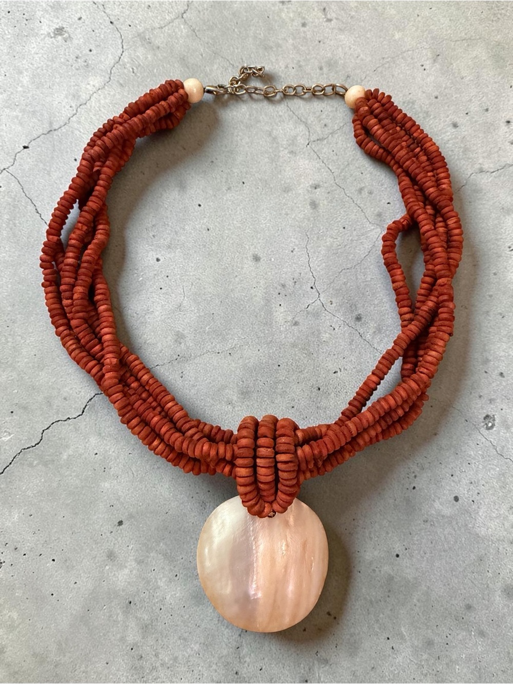 Vintage Handmade Terracotta Bead Necklace with Shell Pendant
